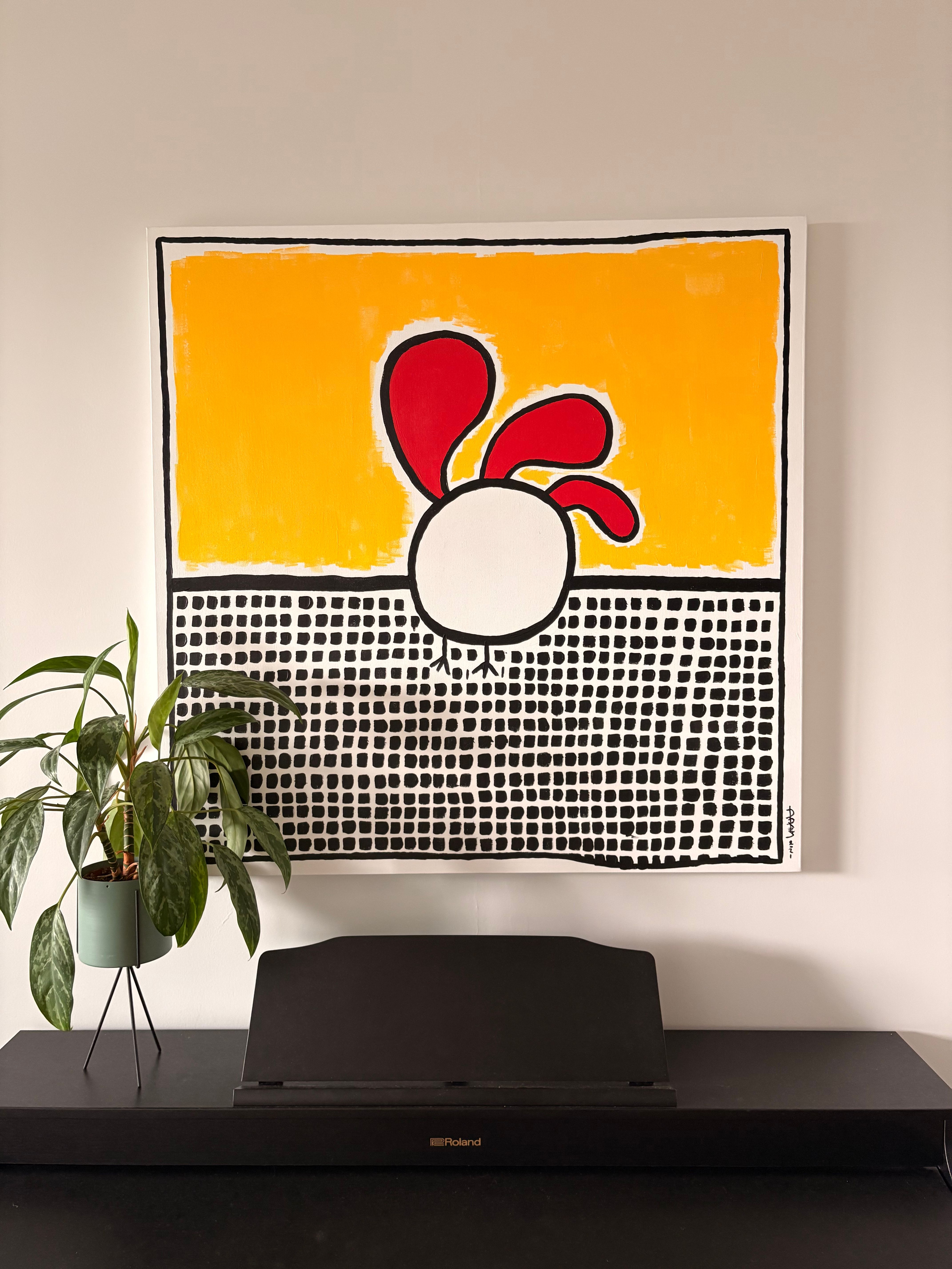 chicken painting of chick standing in a field of grass